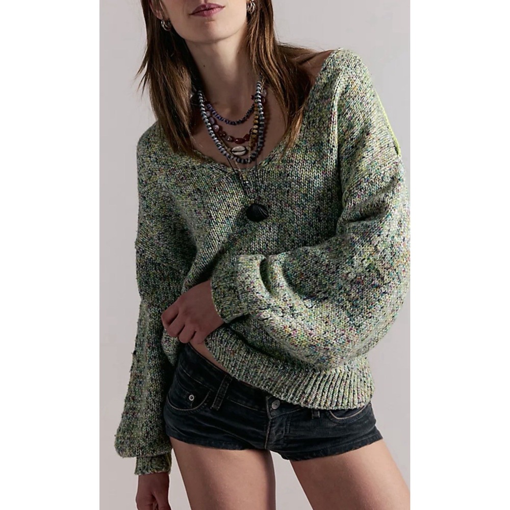 NWT Free People Elowen Cobblestone Combo Oversized Balloon Sleeve Sweater Small